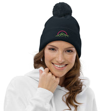 Load image into Gallery viewer, Pom pom Beanie Pink & Green Mountains & Rainbow Logo