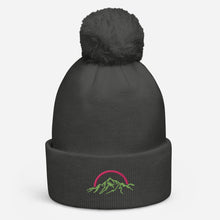 Load image into Gallery viewer, Pom pom Beanie Pink & Green Mountains & Rainbow Logo