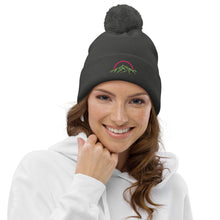 Load image into Gallery viewer, Pom pom Beanie Pink & Green Mountains & Rainbow Logo