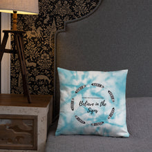 Load image into Gallery viewer, Blue Tie Dye Pillow with Feathers Gabby Petito Foundation
